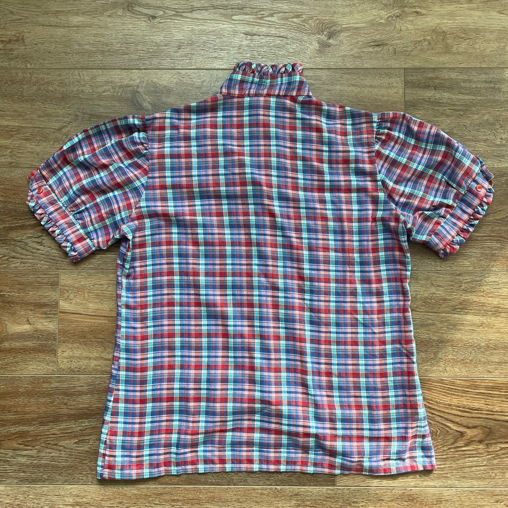 Vintage 70s Sears Plaid Ruffle Short Sleeve Button Down Shirt Blouse - Picture 6 of 8